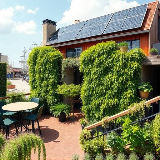 Imagen de un hotel boutique con paneles solares y un jard&iacute;n vertical, representando la sostenibilidad en el sector tur&iacute;stico